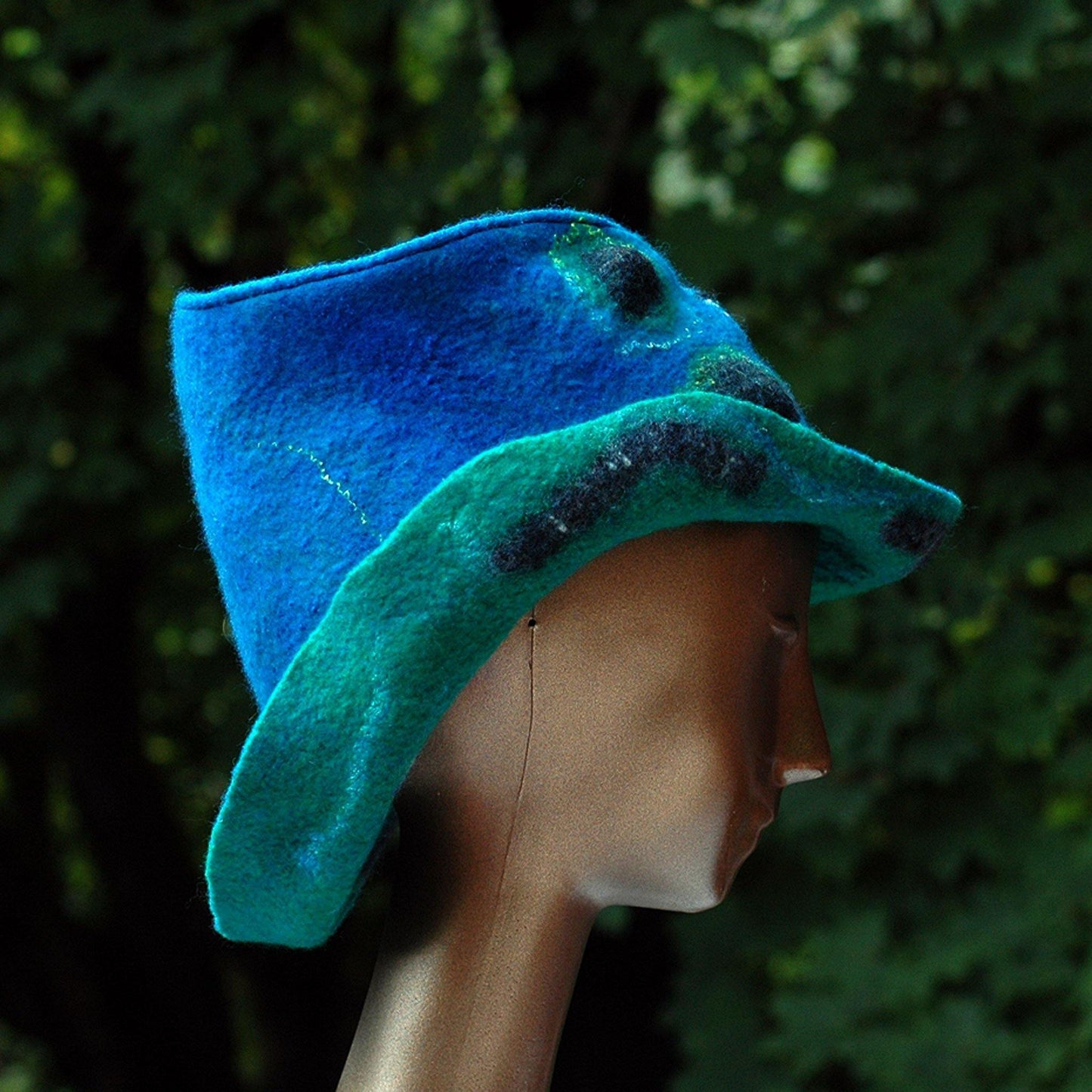 Blue Green Felted Hat with Curving Brim -side view