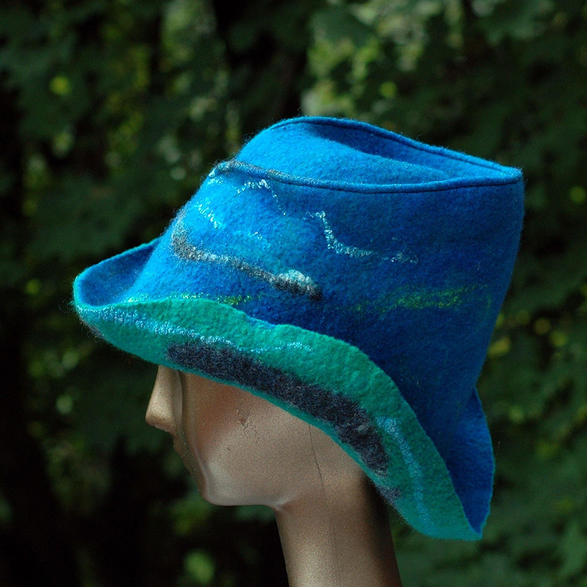 Blue Green Felted Hat with Curving Brim -side view