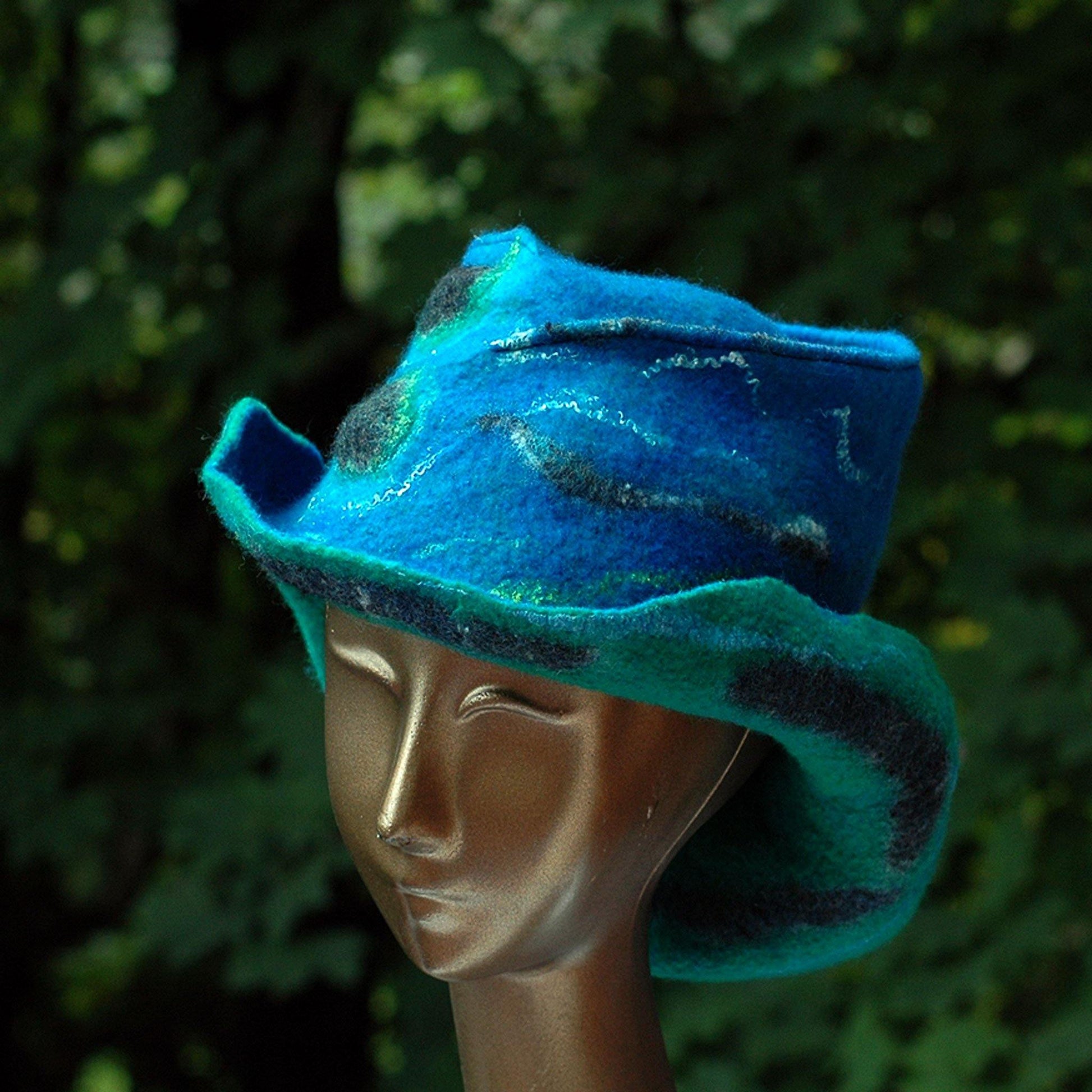 Blue Green Felted Hat with Curving Brim - three quarters view