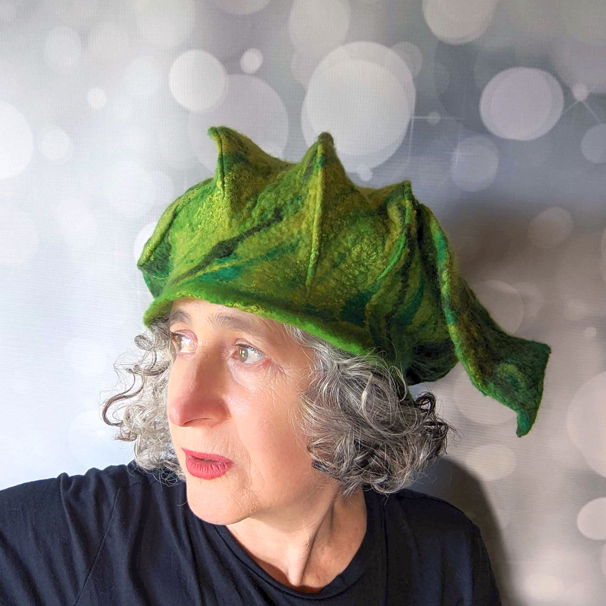 Botanically Inspired Green Leaf Pixie Hat - threequartersview