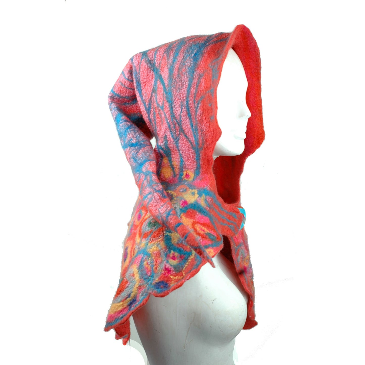 Brightly Colored Nunofelted Hood in pinks, oranges and blues