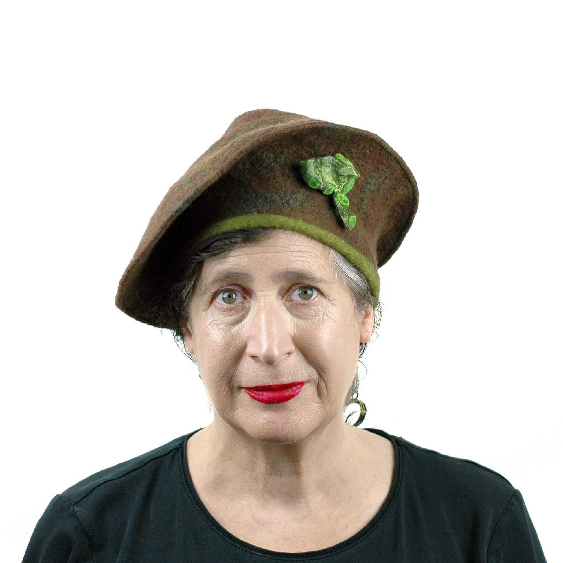 Brown and Green Forest Conical Beret - front view