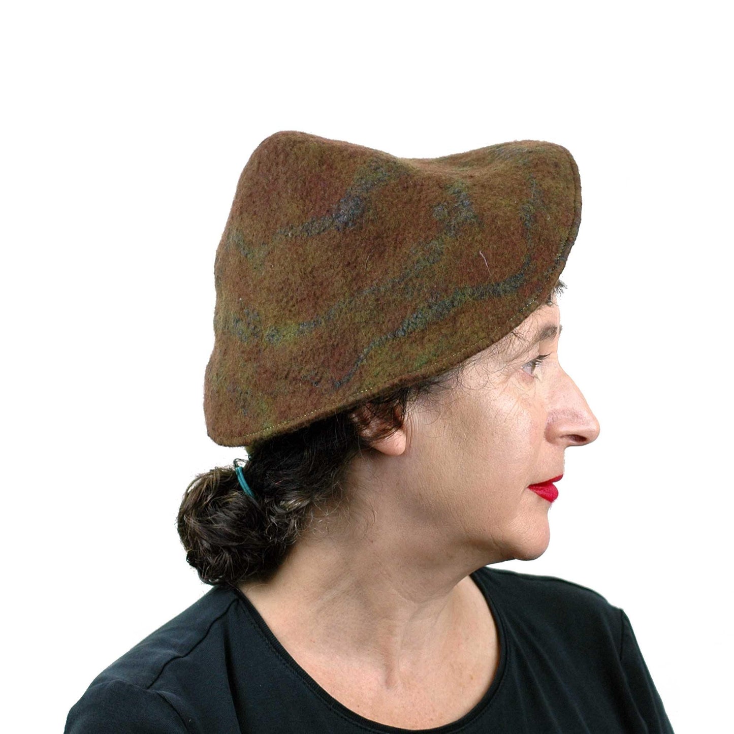 Brown and Green Forest Conical Beret - side view