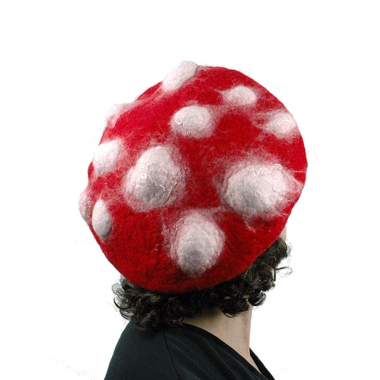 Bumpy Red and White Amanita Mushroom Beret - back view