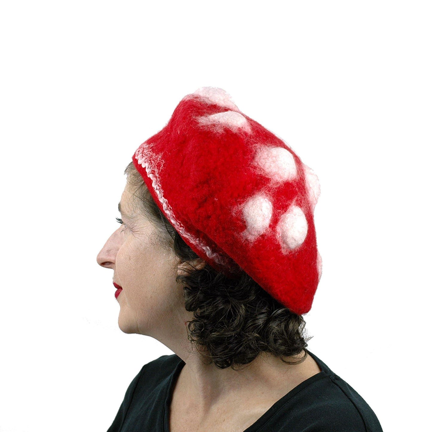 Bumpy Red and White Amanita Mushroom Beret - side view