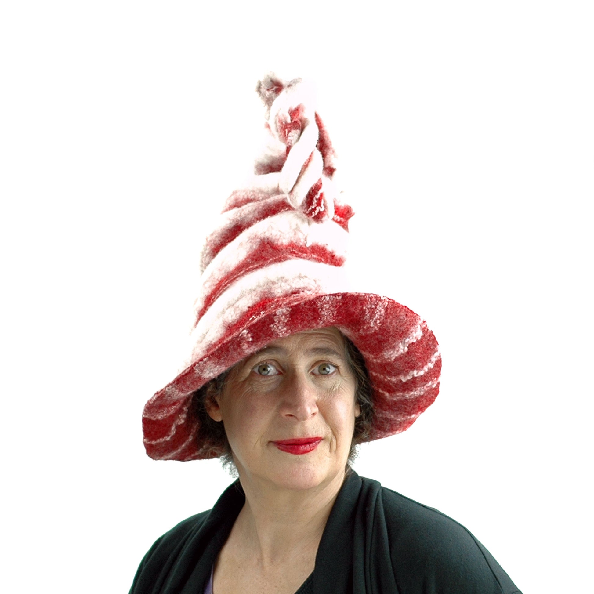 Candycane Witch Hat in Red and White Stripes - front view