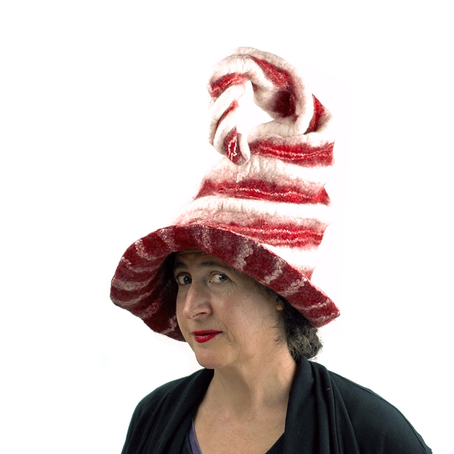 Candycane Witch Hat in Red and White Stripes - three quarters view