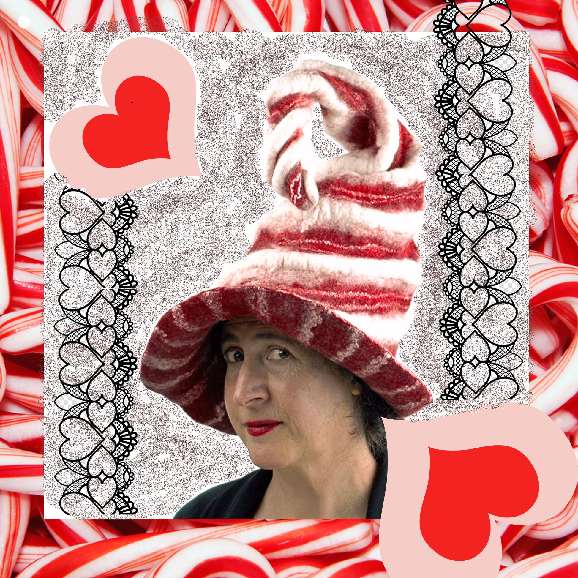 Candycane Hat with Hearts and Candy Collaged in.