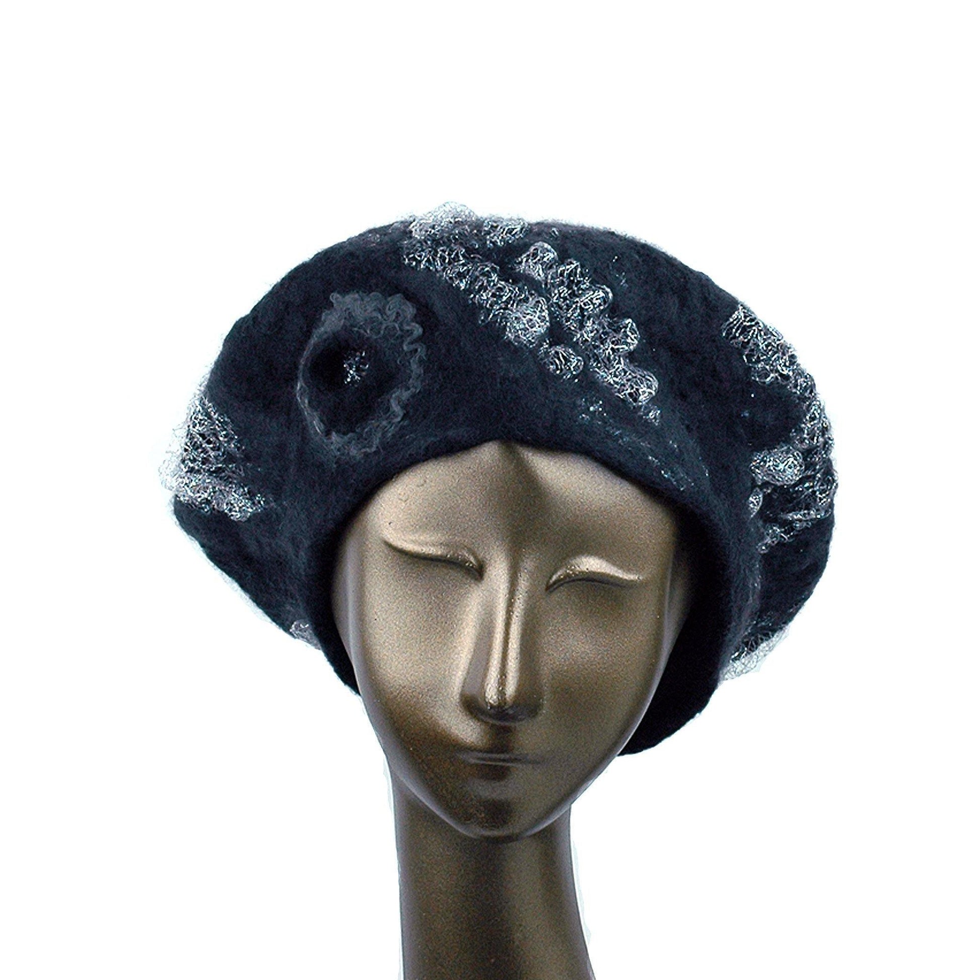 Charcoal Black Beret with Silver Nunofelt - front view