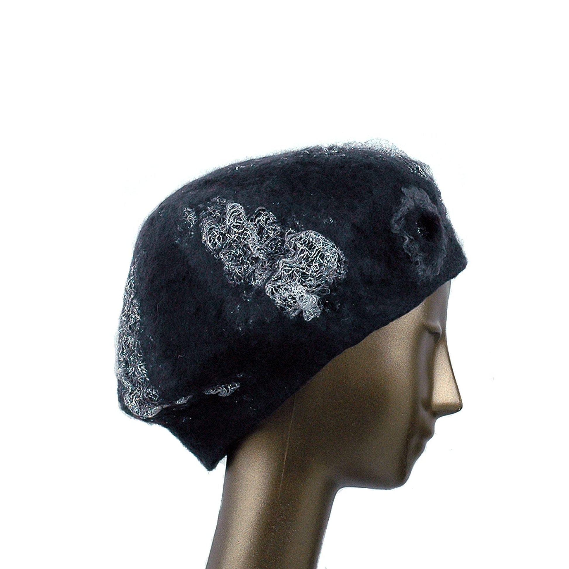 Charcoal Black Beret with Silver Nunofelt - side view
