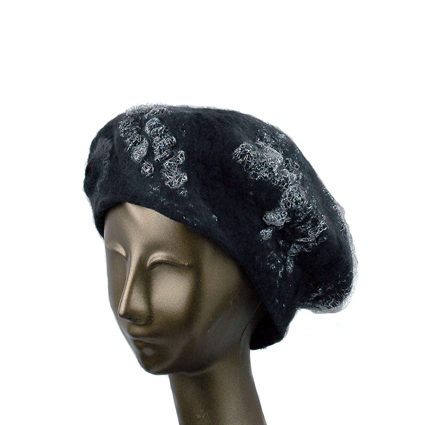 Charcoal Black Beret with Silver Nunofelt - three quarters view