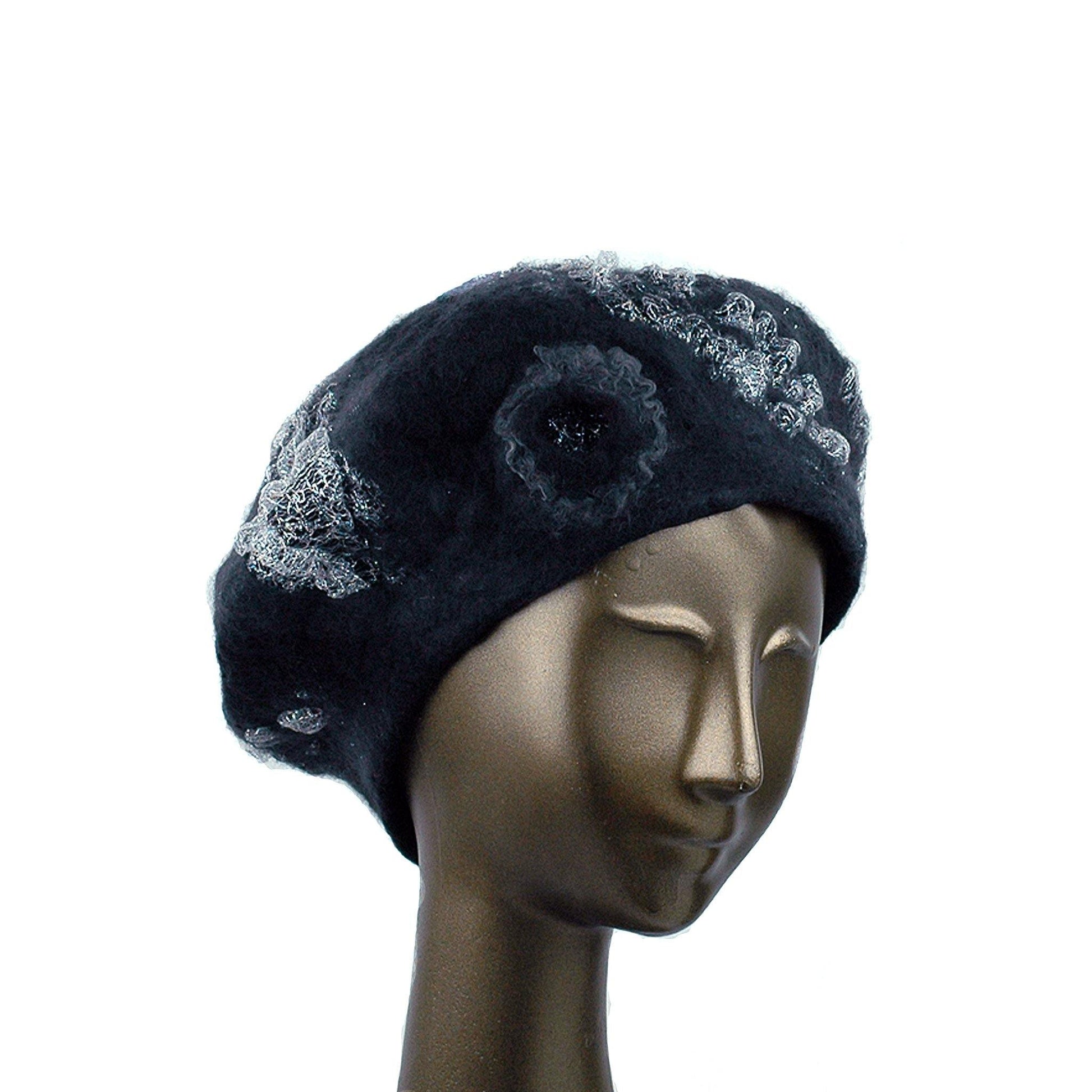 Charcoal Black Beret with Silver Nunofelt - three quarters view
