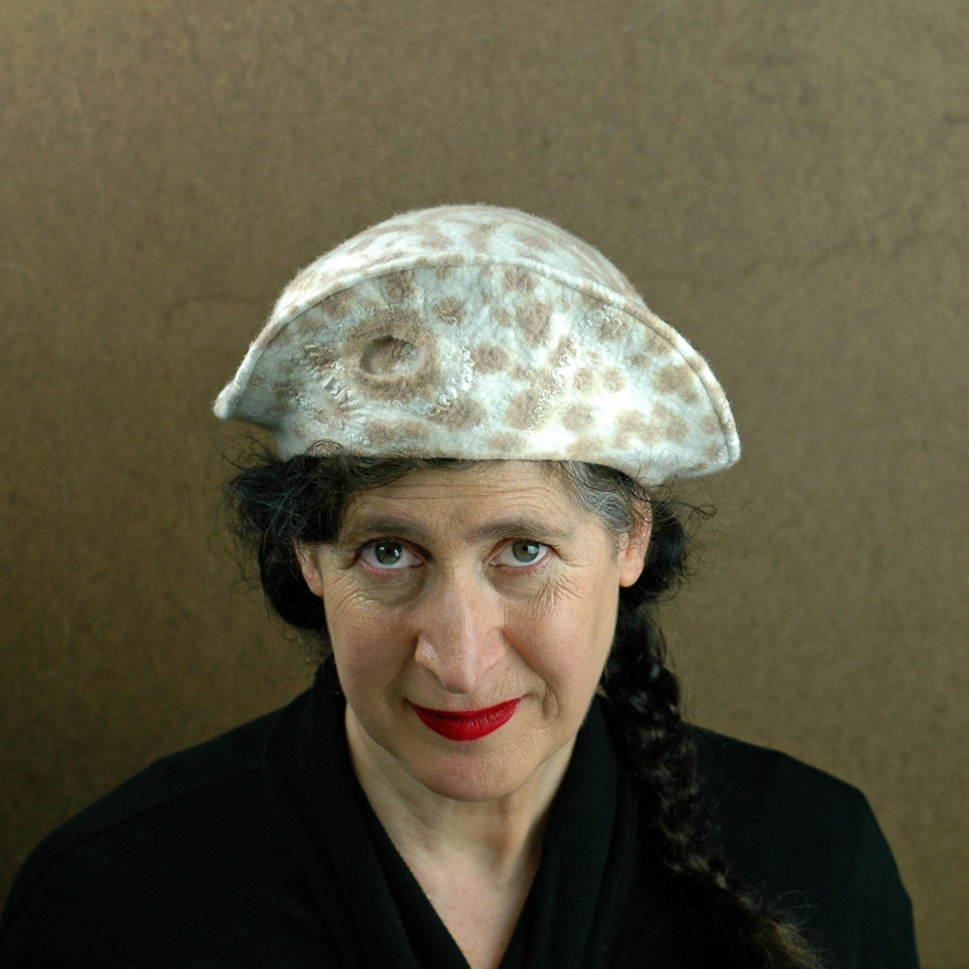 Cheetah Beret in Ivory with Brown Spots - front view