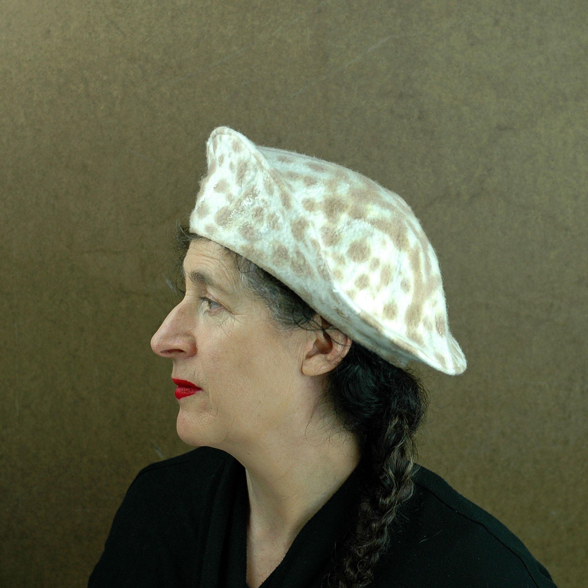Cheetah Beret in Ivory with Brown Spots -side view