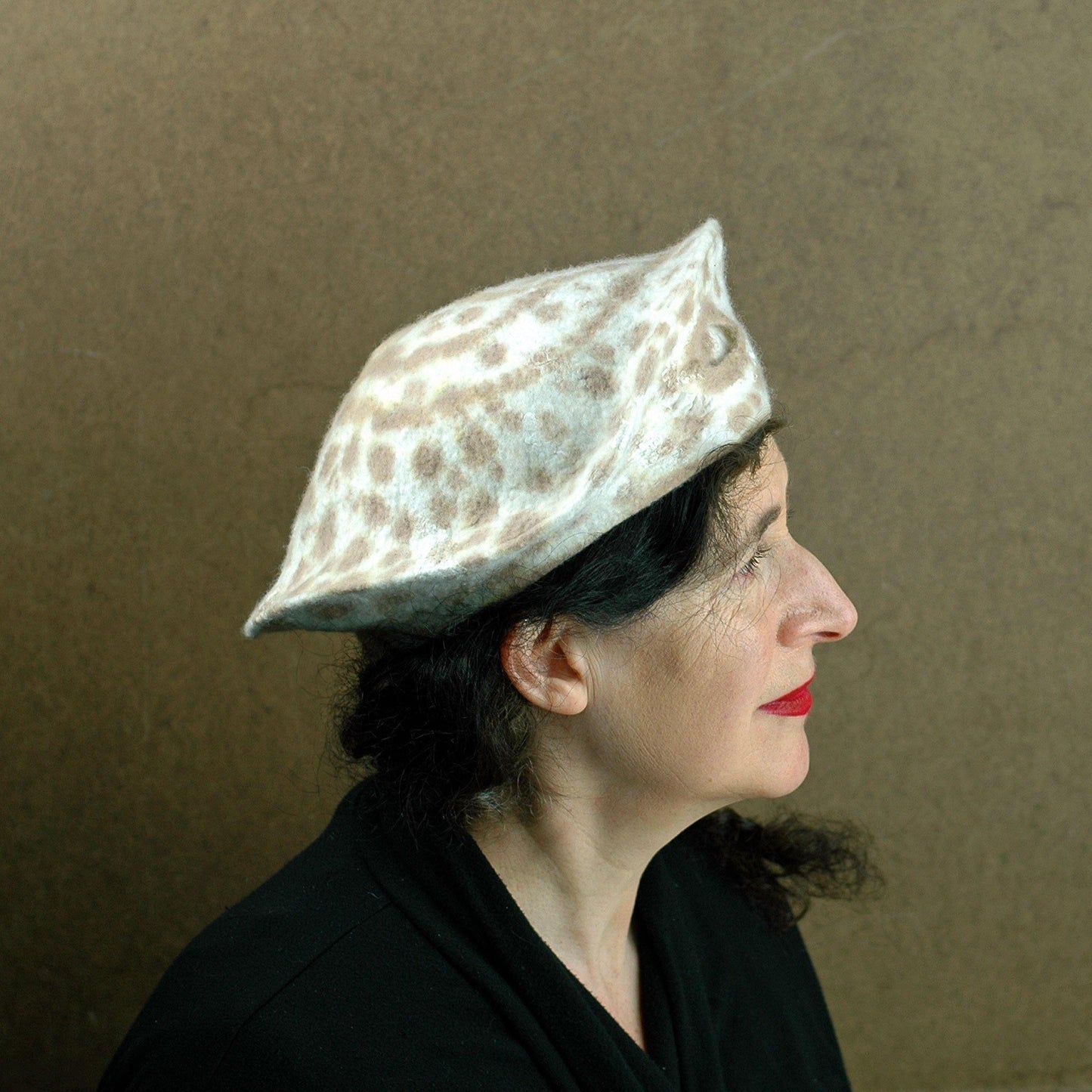 Cheetah Beret in Ivory with Brown Spots -side view