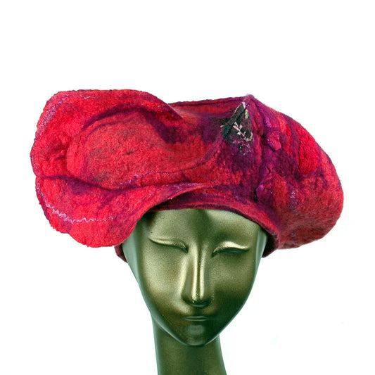 Sculptural Cherry Colored Beret - front view