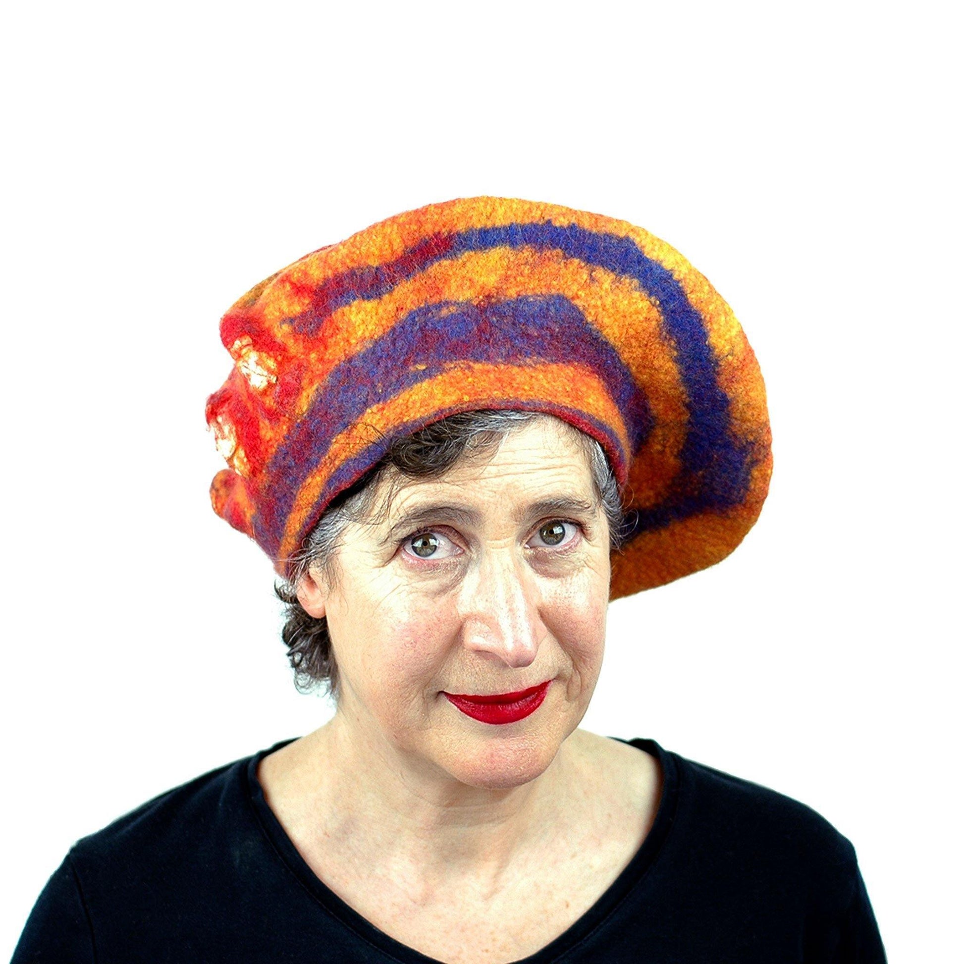Circus-Style Yellow, Red and Blue Striped Beret - front view