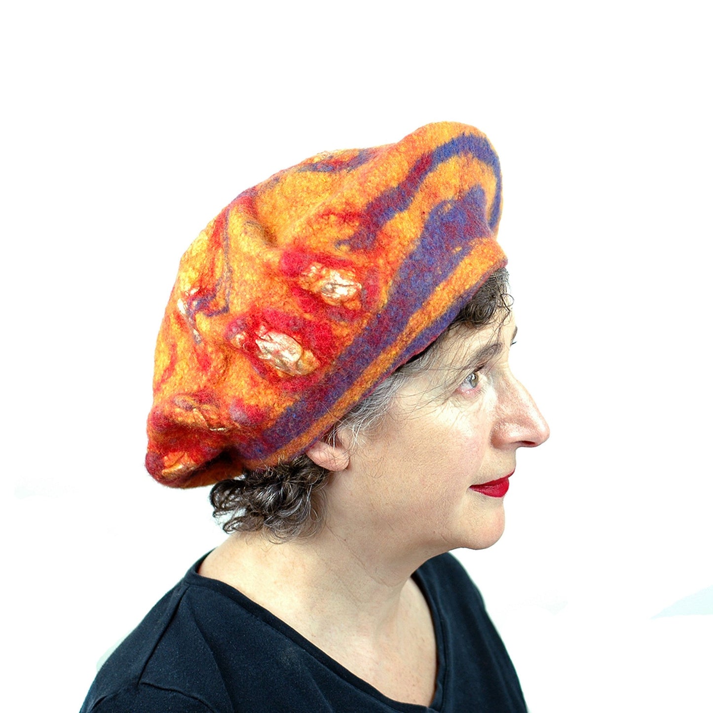 Circus-Style Yellow, Red and Blue Striped Beret - side view