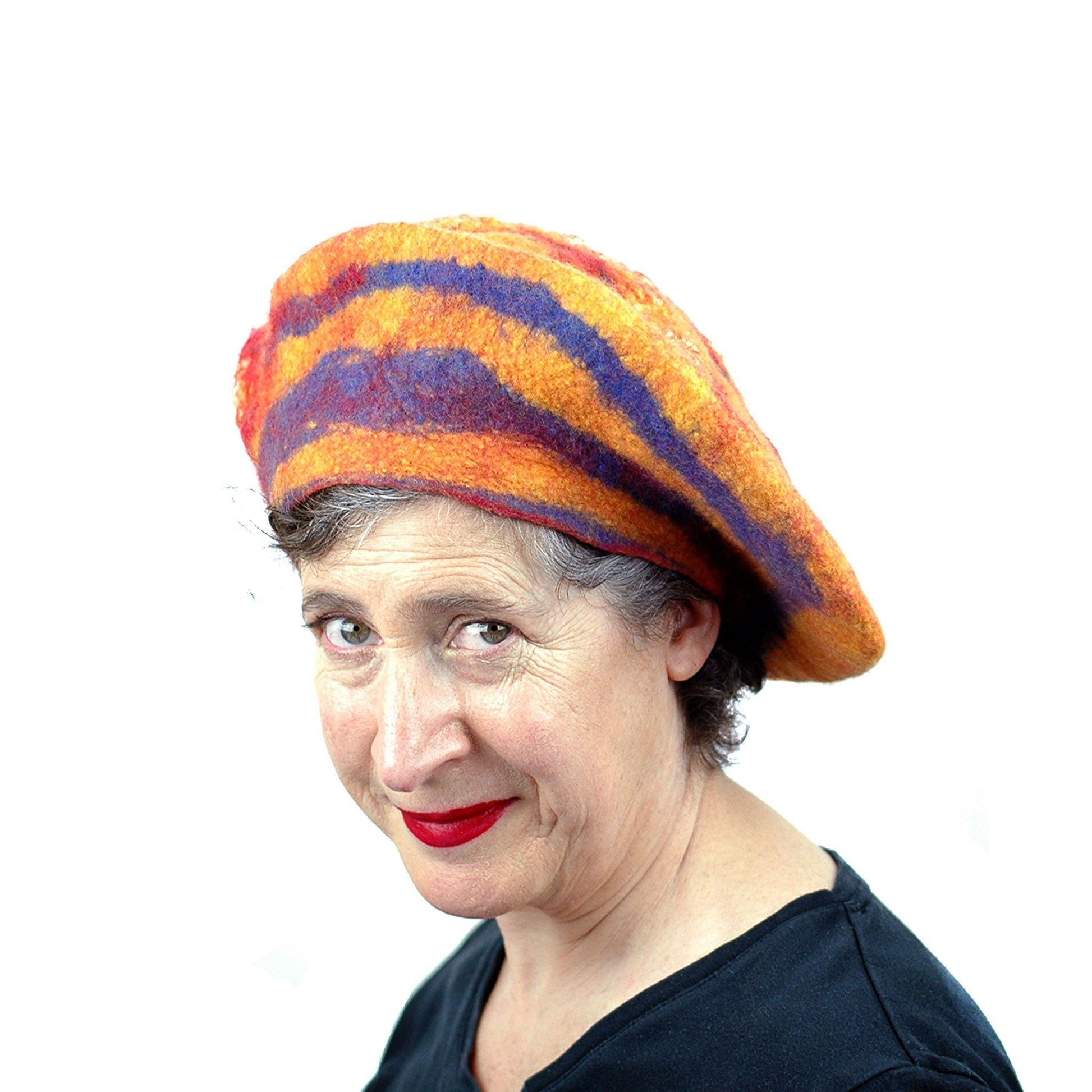 Circus-Style Yellow, Red and Blue Striped Beret - three quarters view