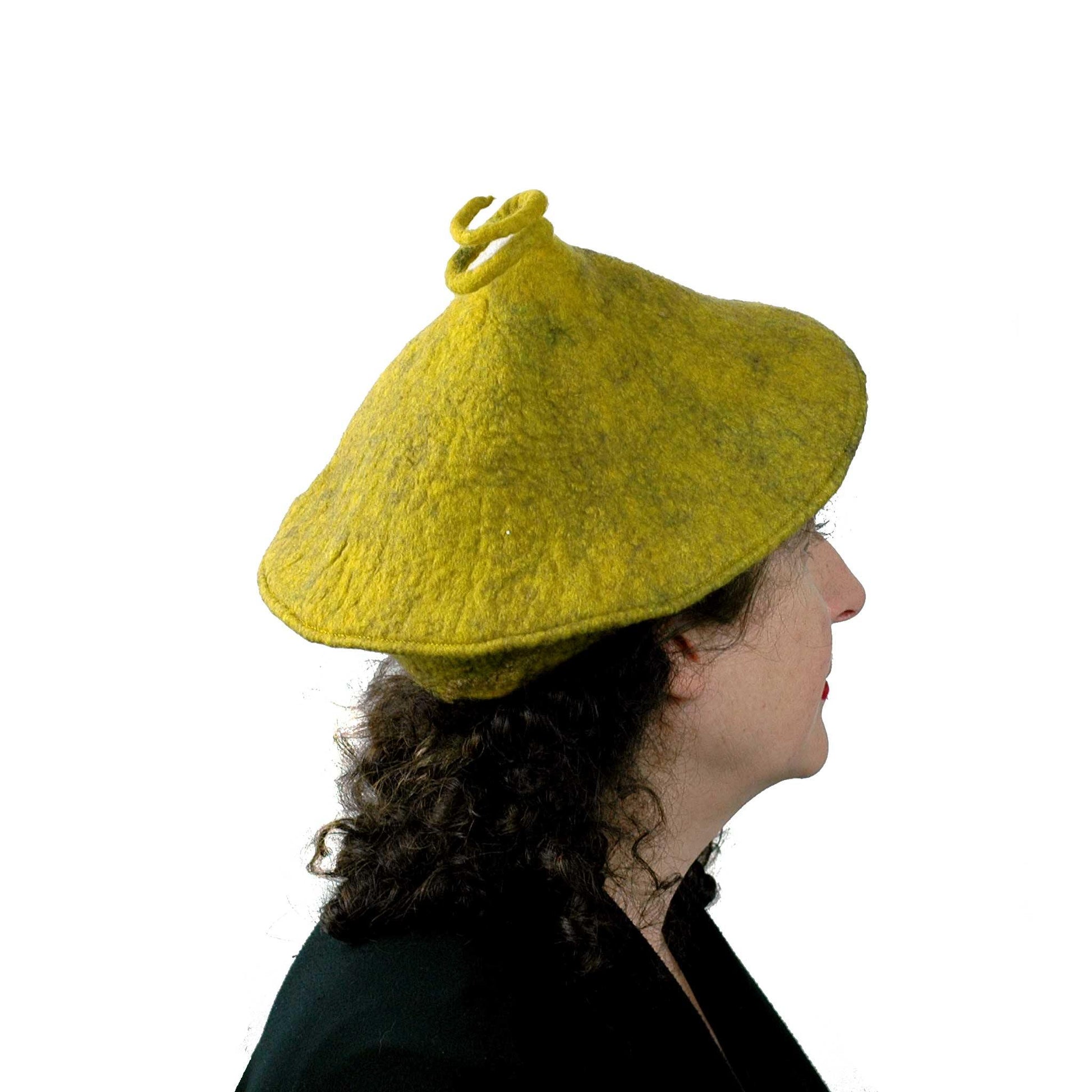 Conical Hat in Mustard Yellow - Medium Small Size  - side view