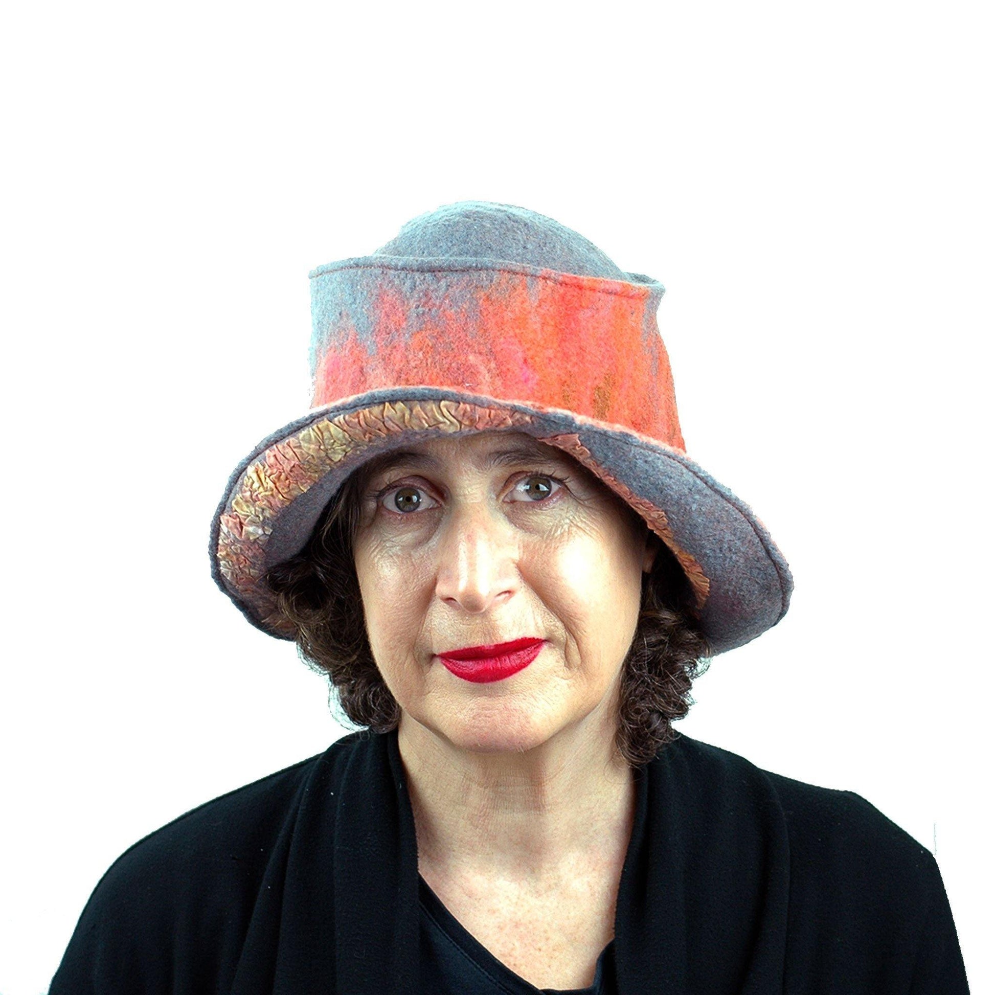 Coral and Gray Felted Hat with Nunofelt - front view