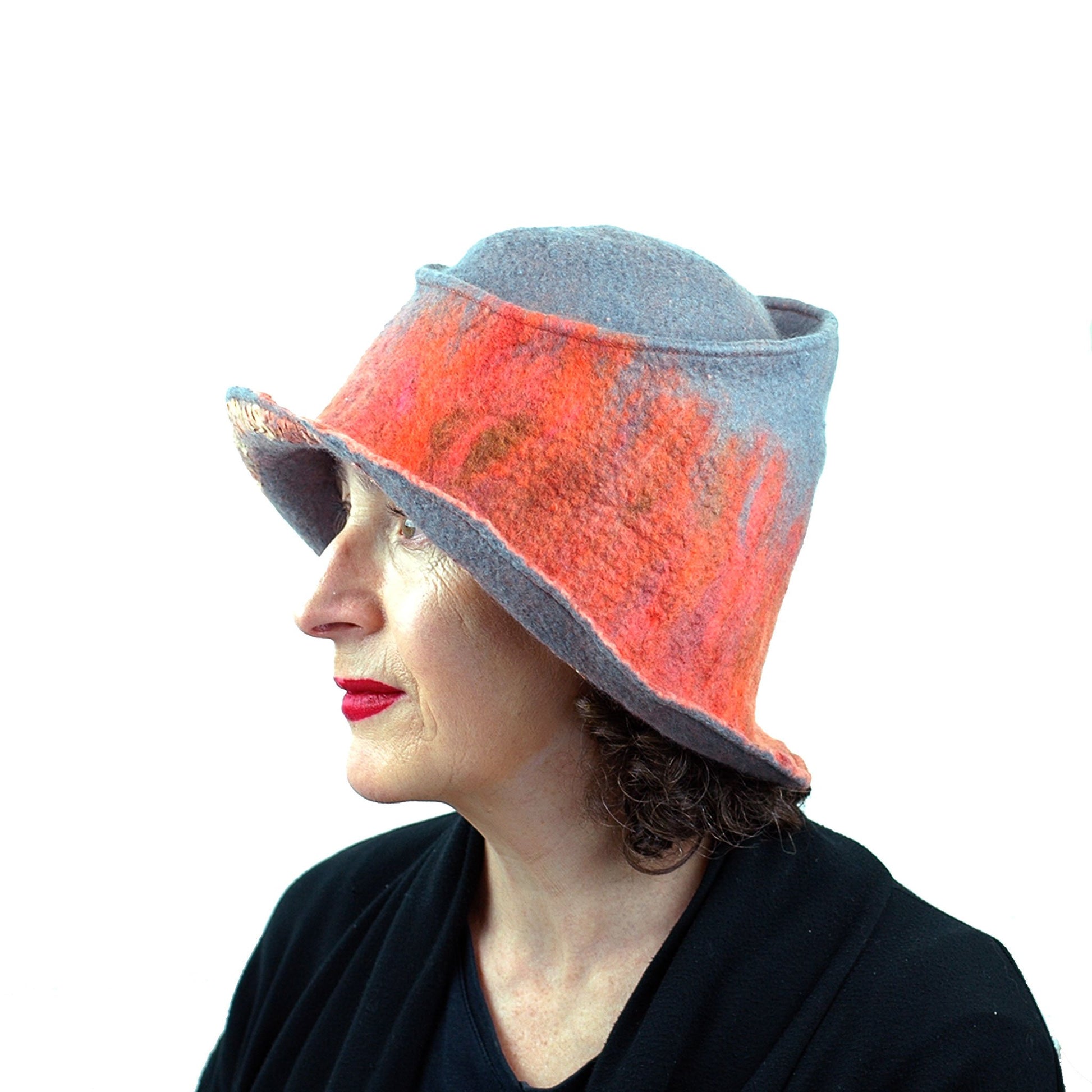 Coral and Gray Felted Hat with Nunofelt - side view