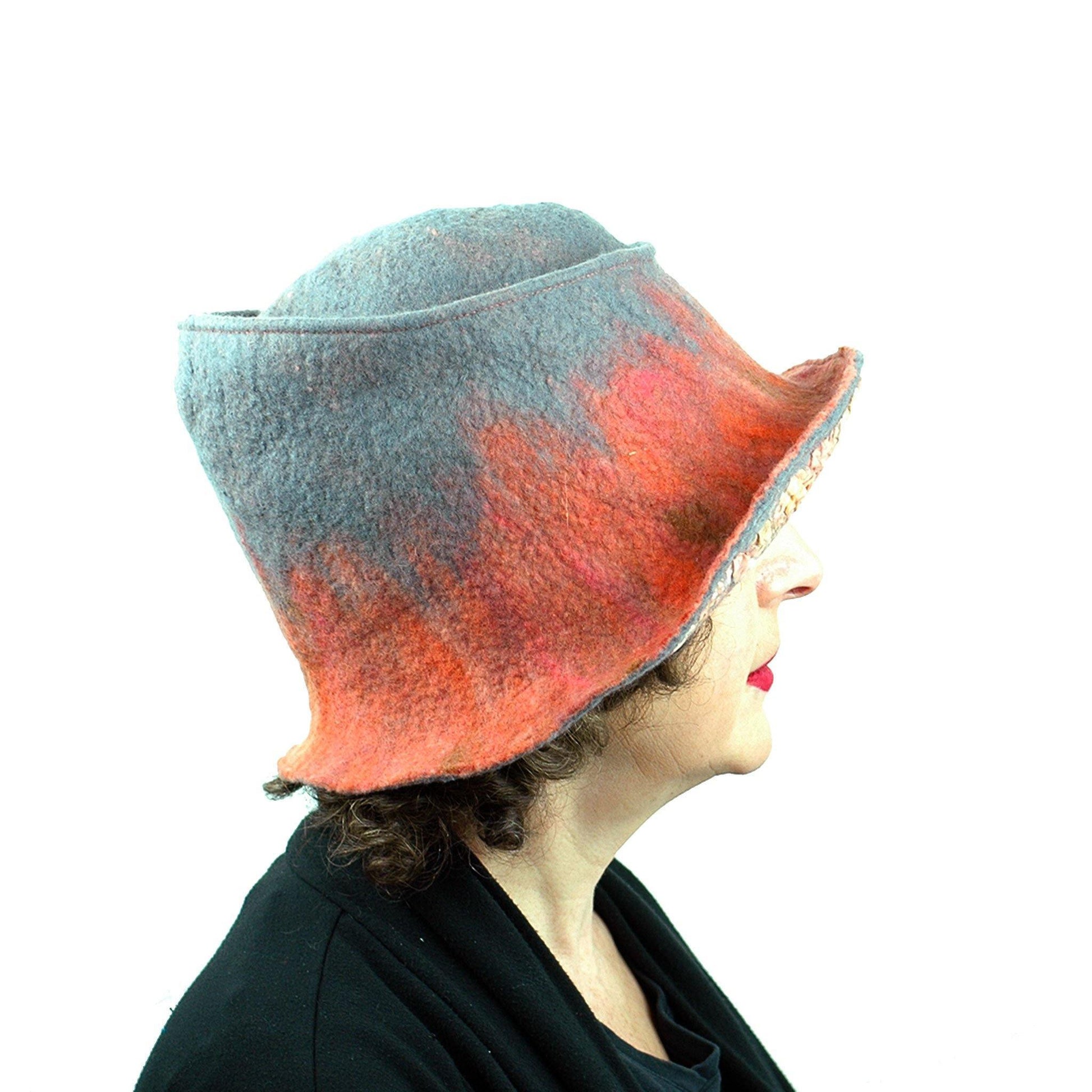 Coral and Gray Felted Hat with Nunofelt - side view