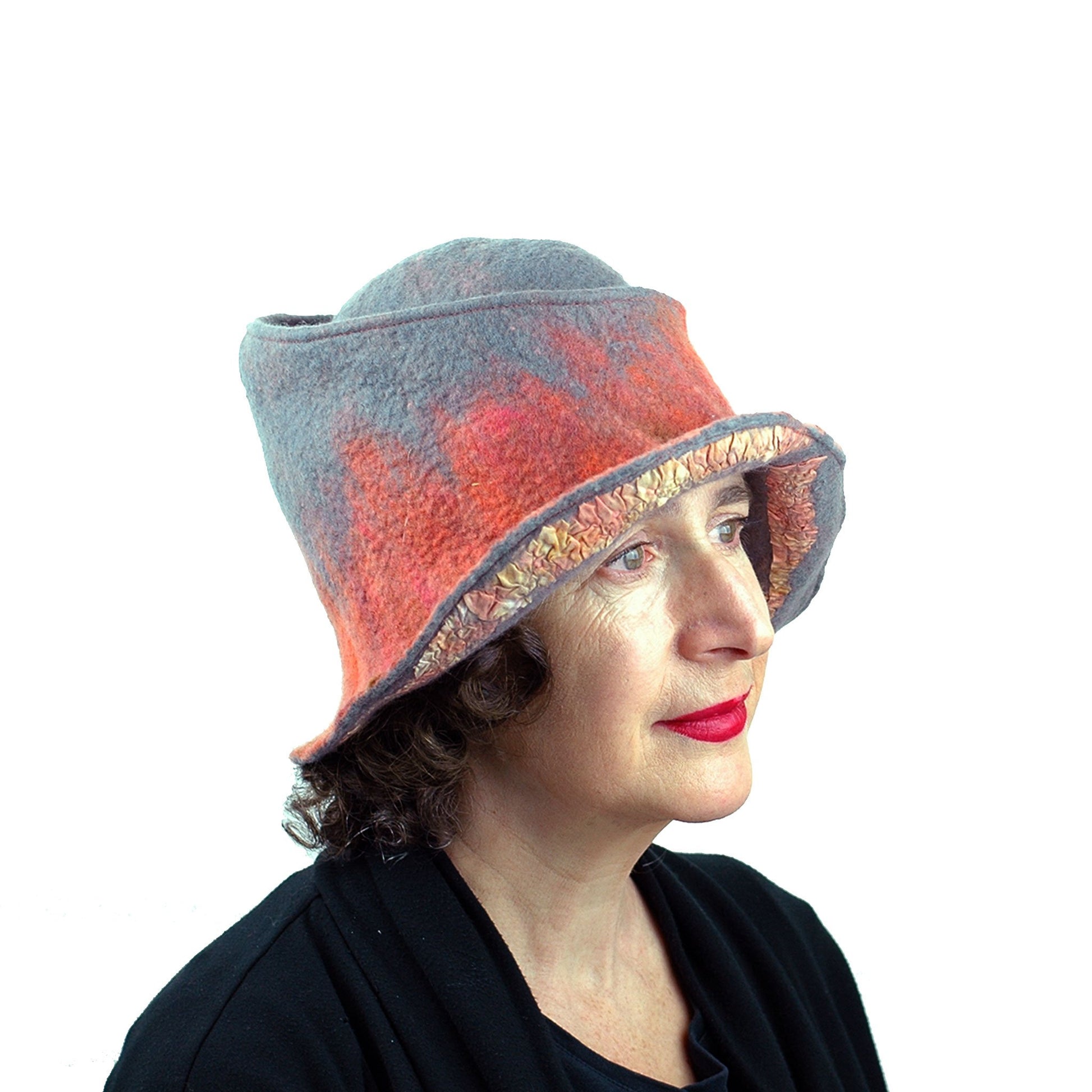 Coral and Gray Felted Hat with Nunofelt - threequarters view