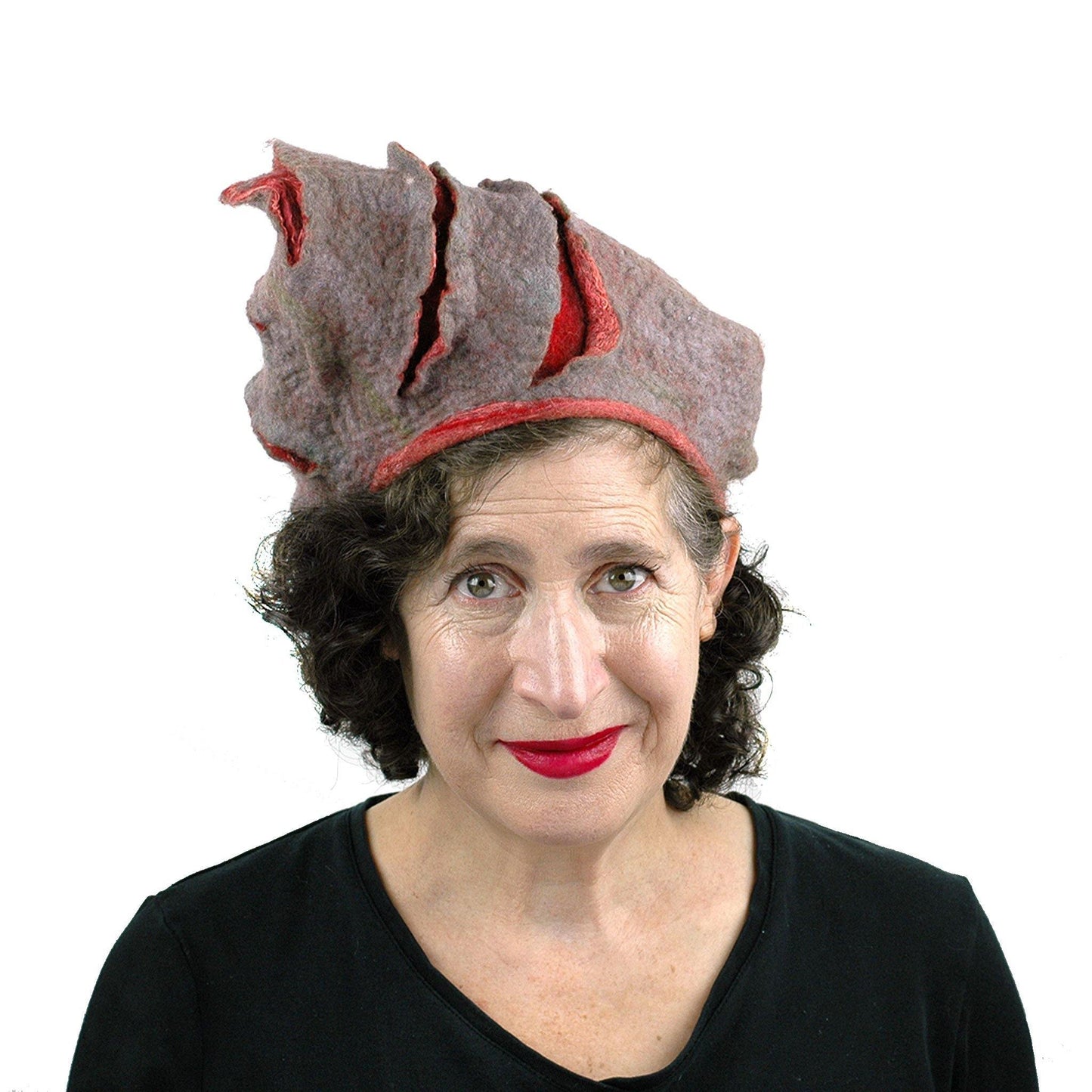 Coral and Gray Turban Style Hat - angled to the side