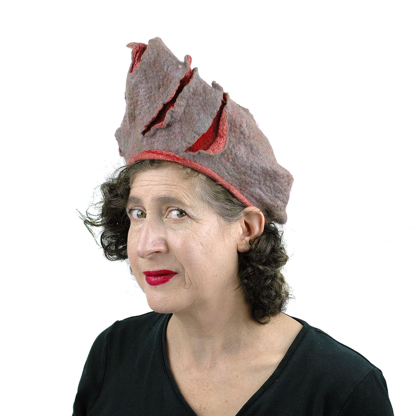 Coral and Gray Turban Style Hat - threequarters view