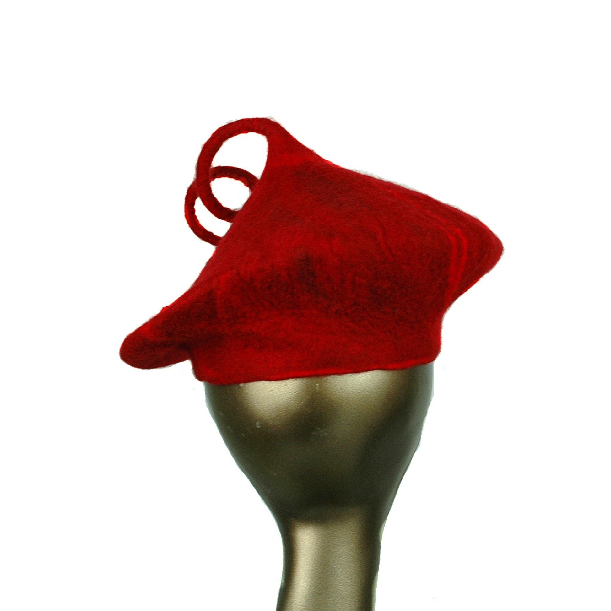 Felted Red Beret with Curlicue - back view