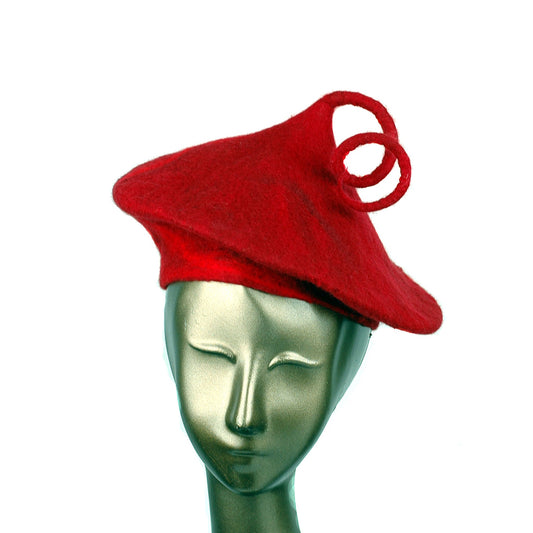 Felted Red Beret with Curlicue - front view