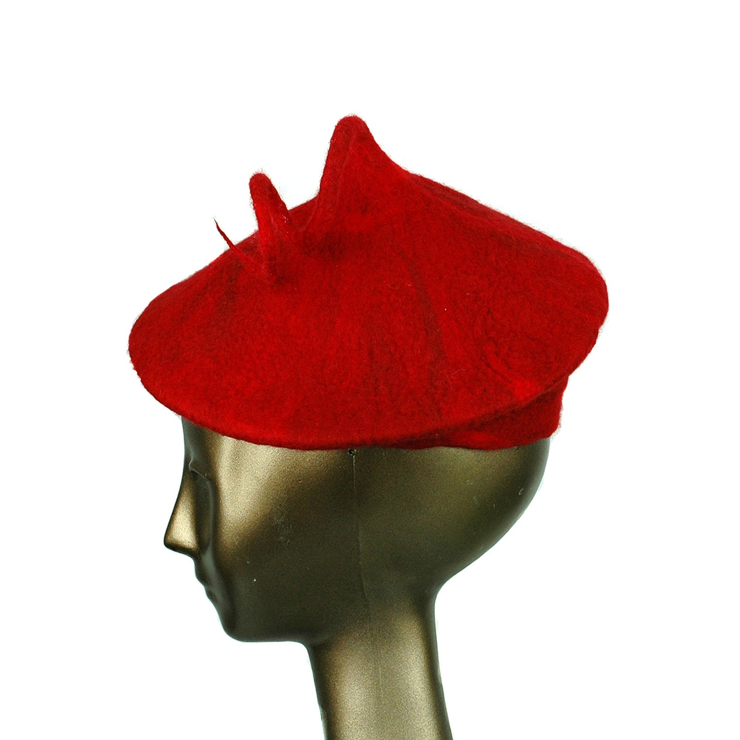 Felted Red Beret with Curlicue - side view