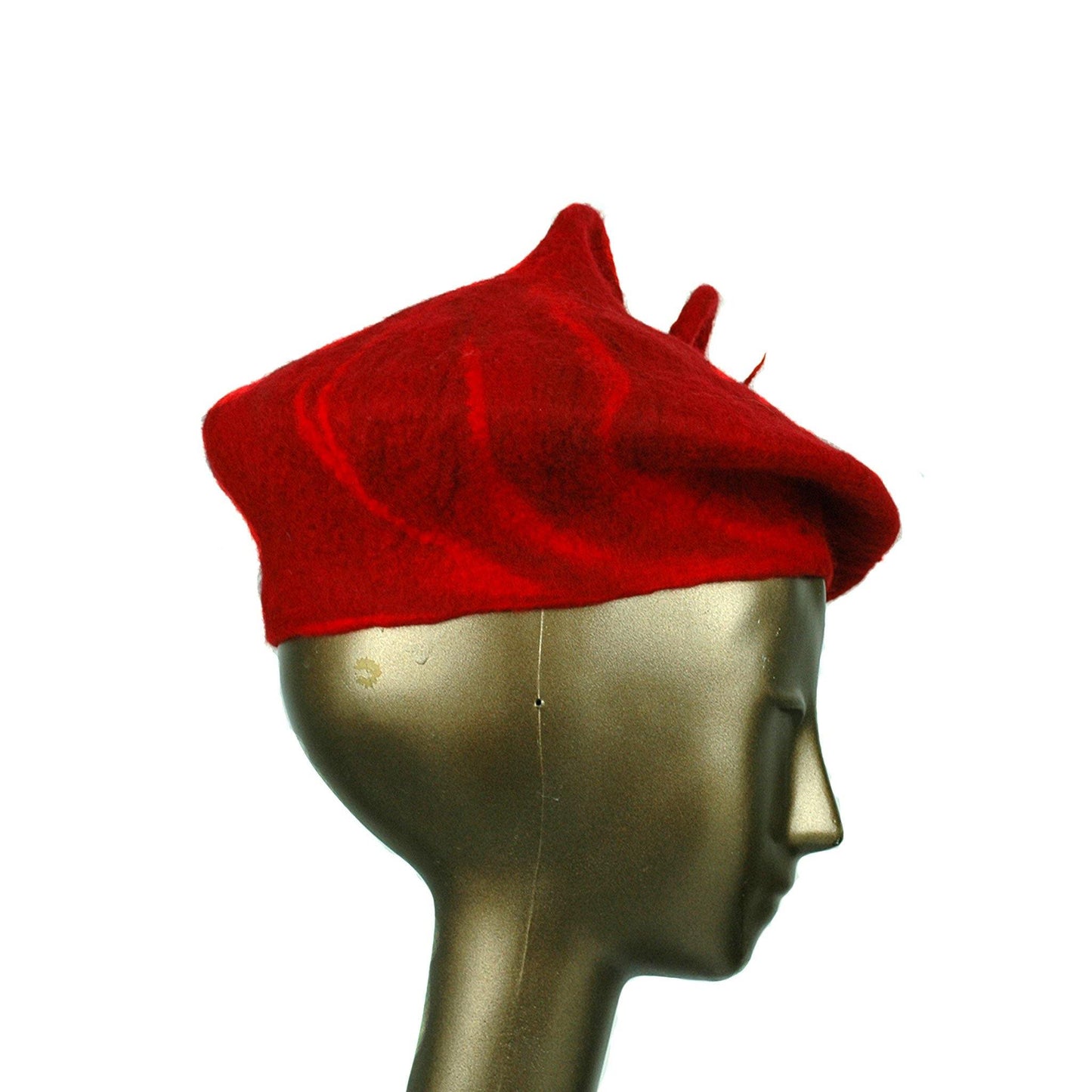 Felted Red Beret with Curlicue - side view