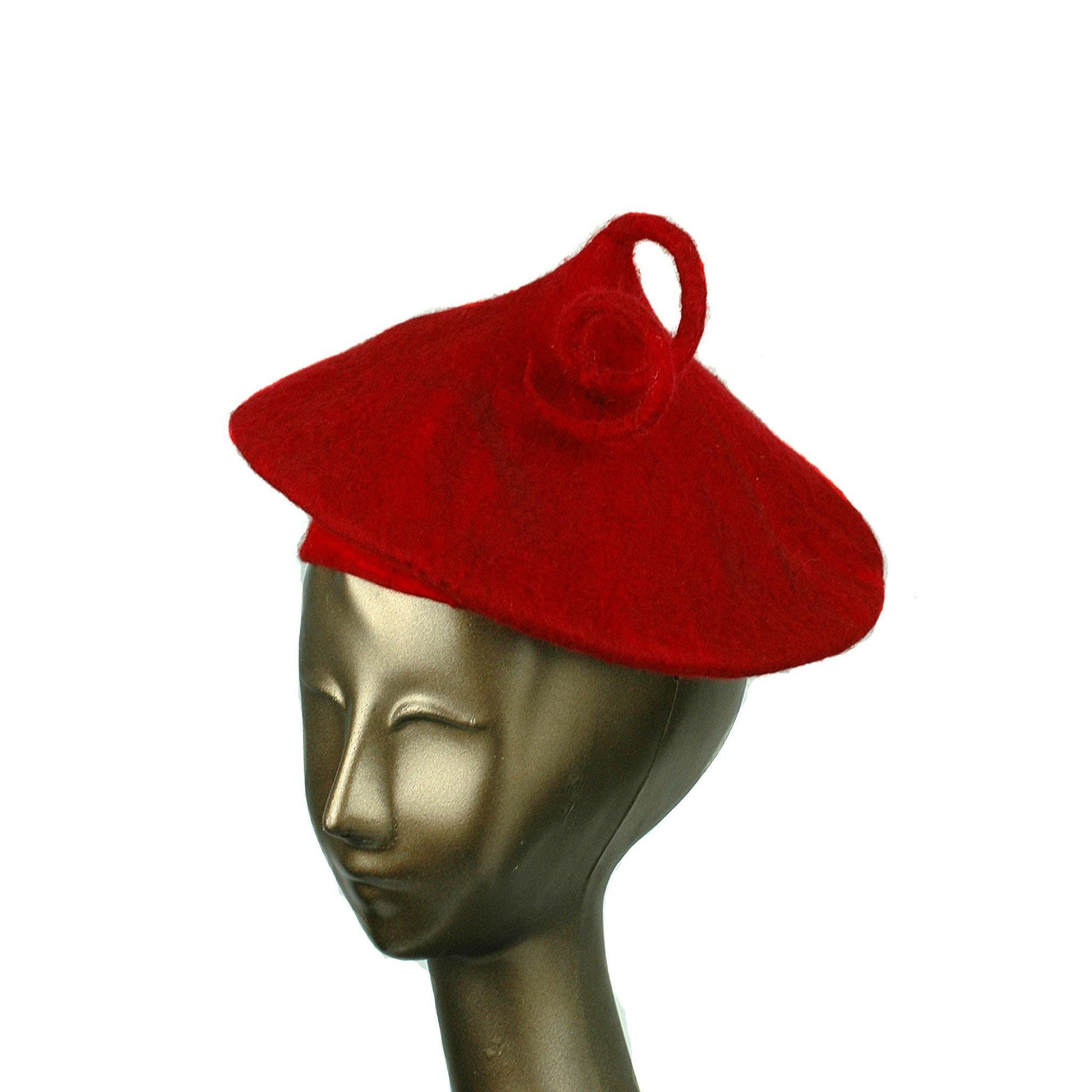 Felted Red Beret with Curlicue - three quarters view