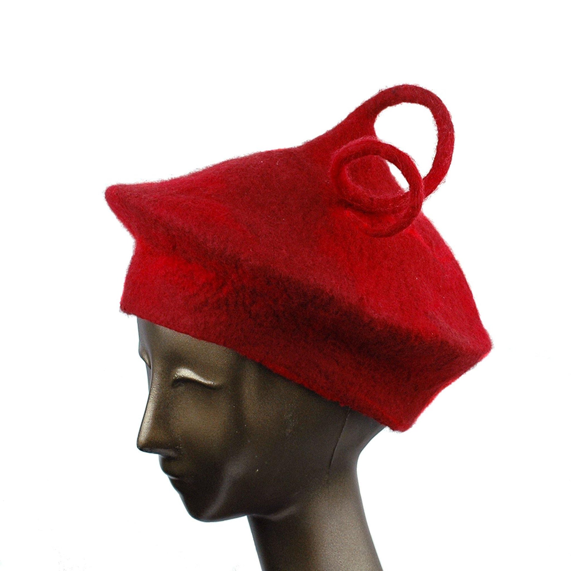 Custom Red Beret with Medium Curlicue  - side view