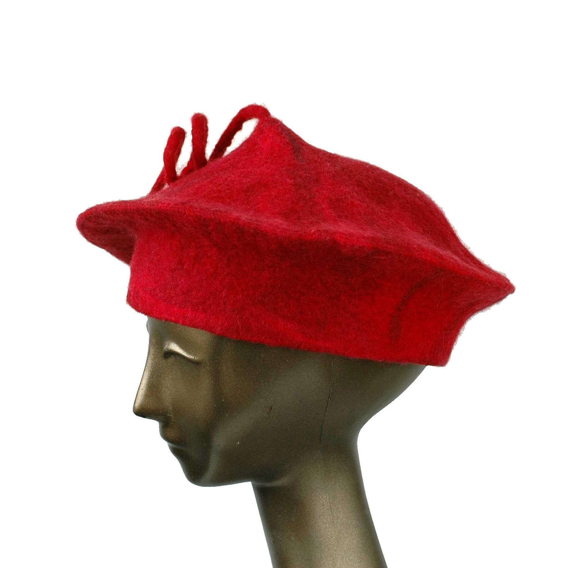 Custom Red Curlicue Beret for Mary - side view
