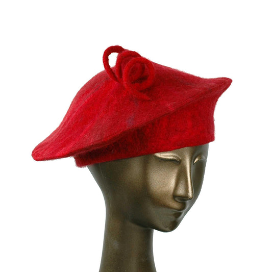Custom Red Curlicue Beret for Mary - three quarters view
