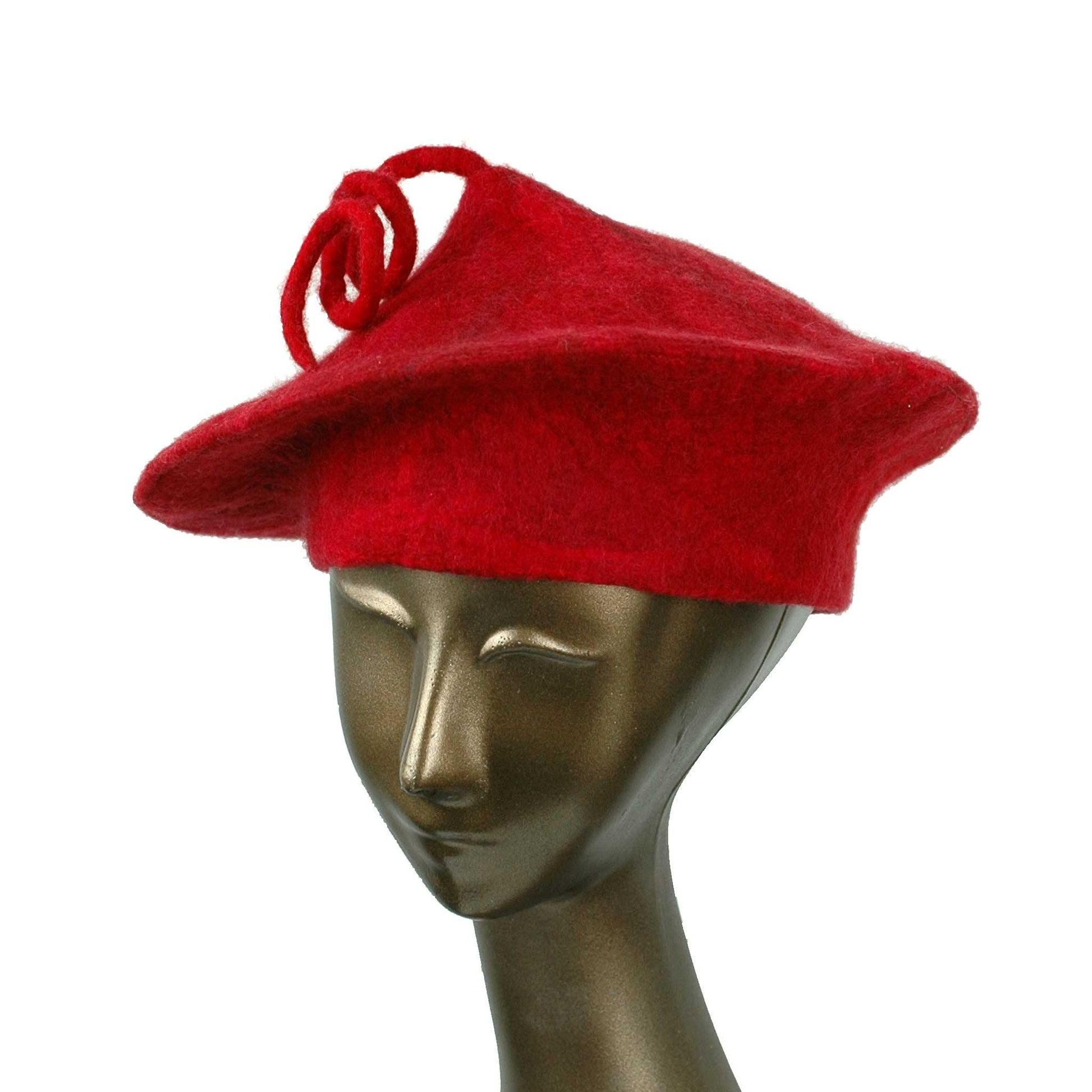 Custom Red Curlicue Beret for Mary - three quarters view