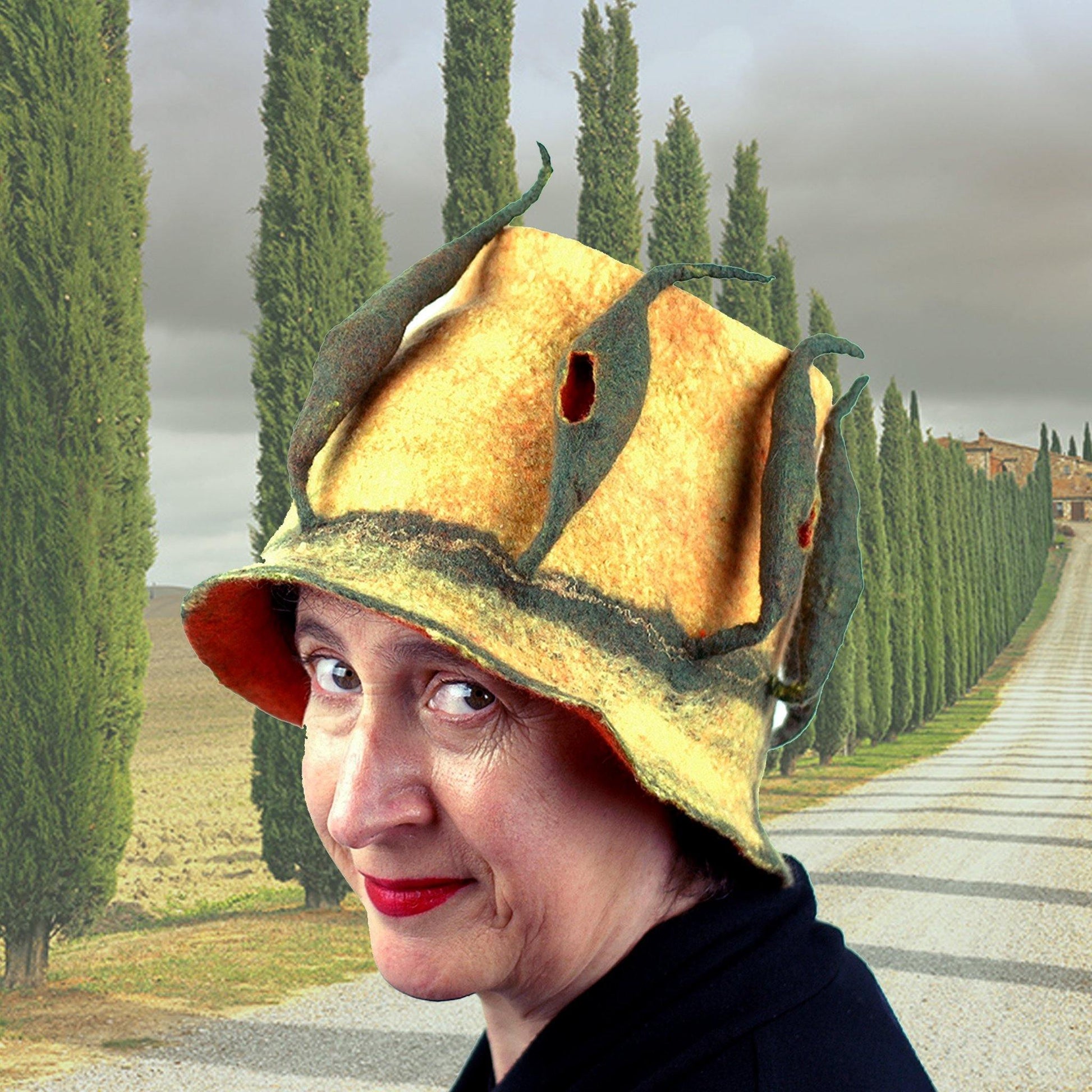Yellow Cypress Tree Bucket Hat with Collaged of Italian Cypresses along a road.