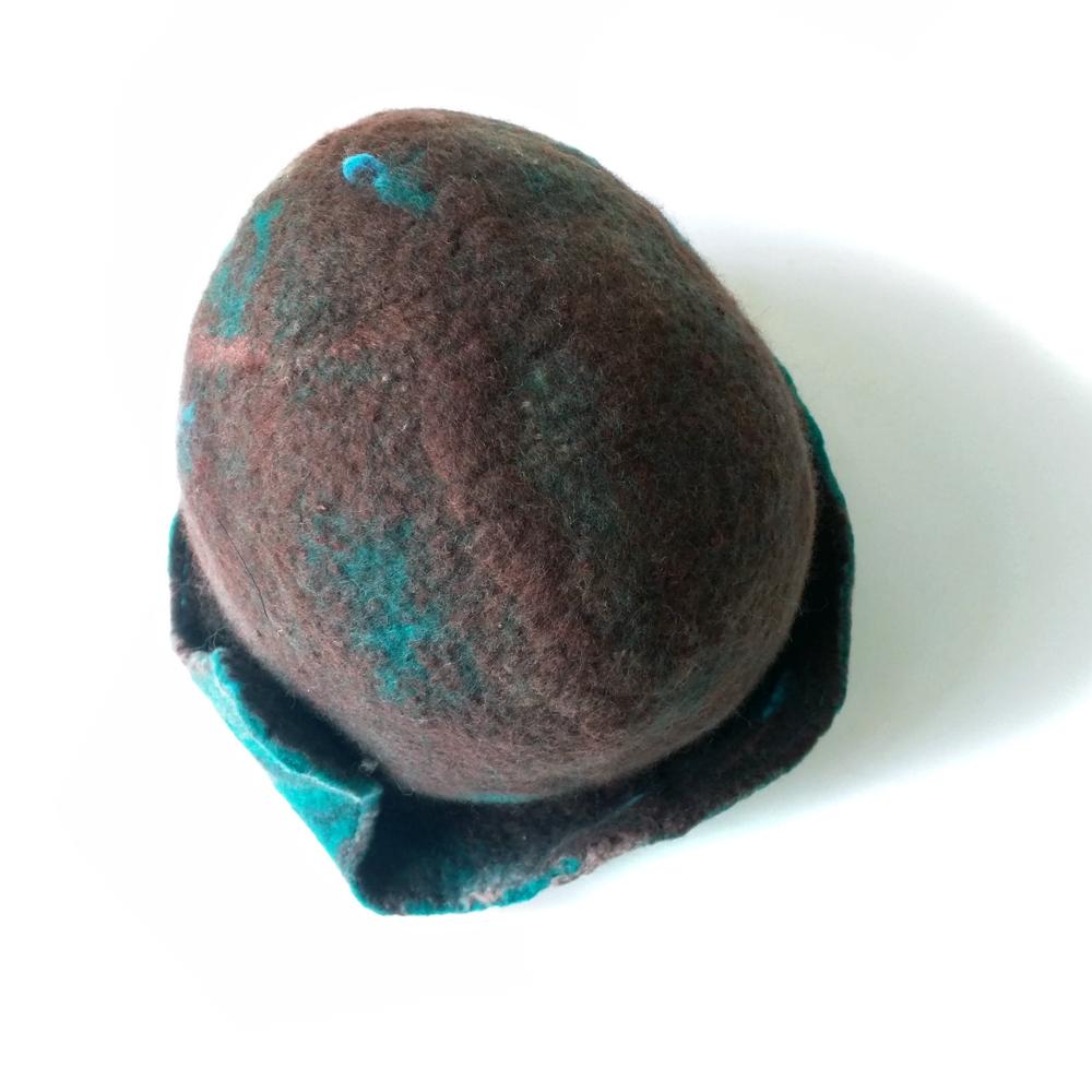 1920s Style Brown Felted Cloche with Emerald Green Brim - top view