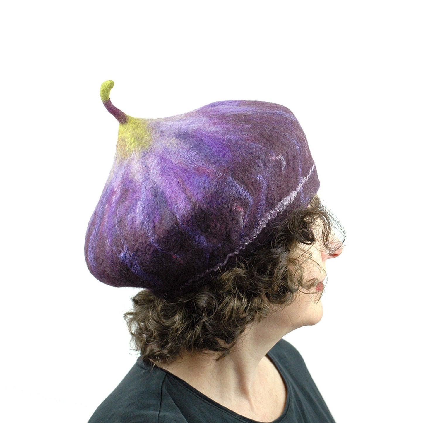 Dark Purple Felted Fig Hat with Stem - side view