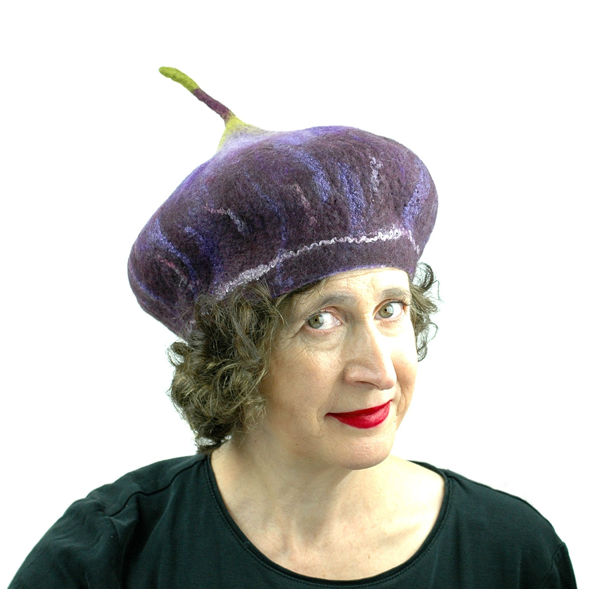 Dark Purple Felted Fig Hat with Stem - three quarters view