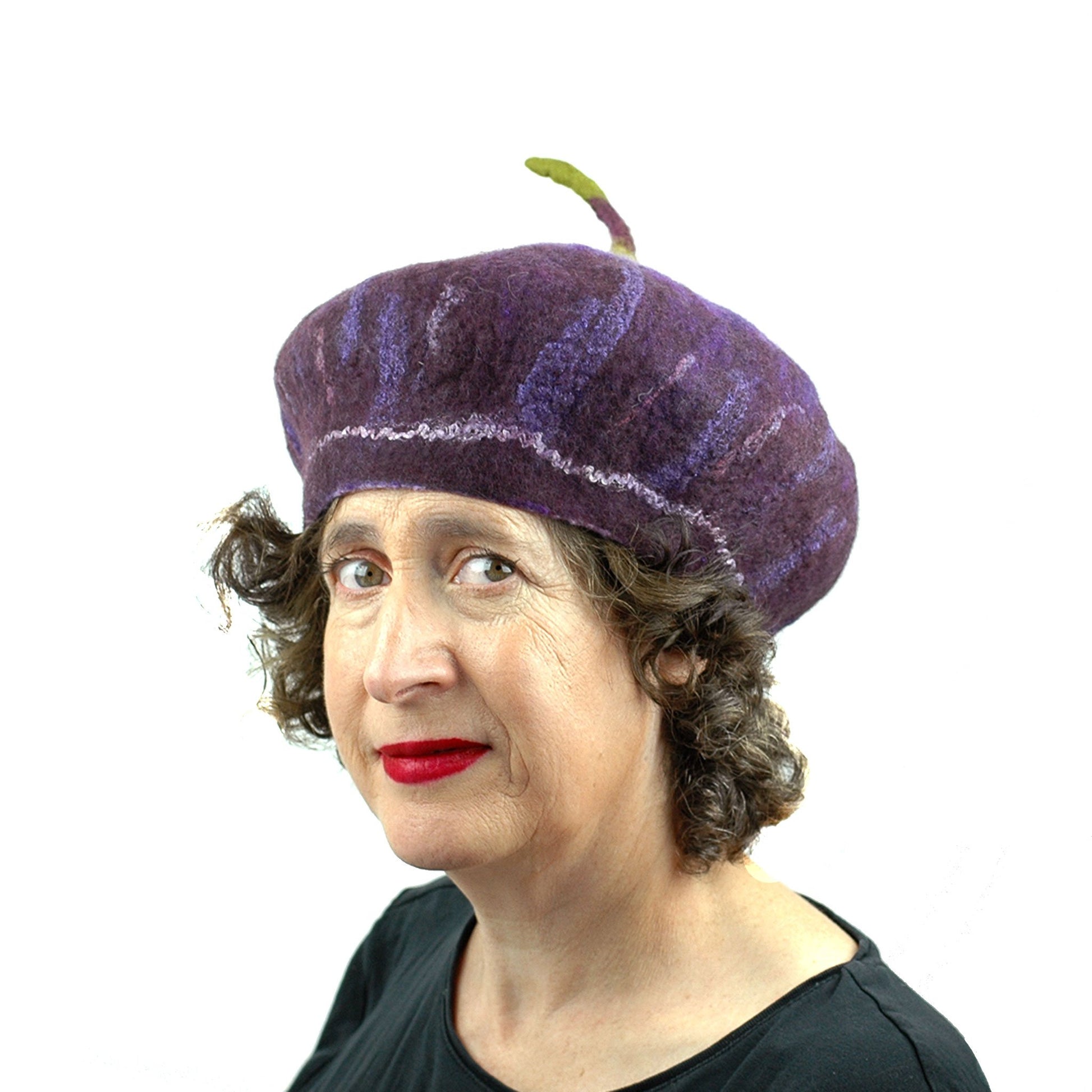Dark Purple Felted Fig Hat with Stem - three quarters view