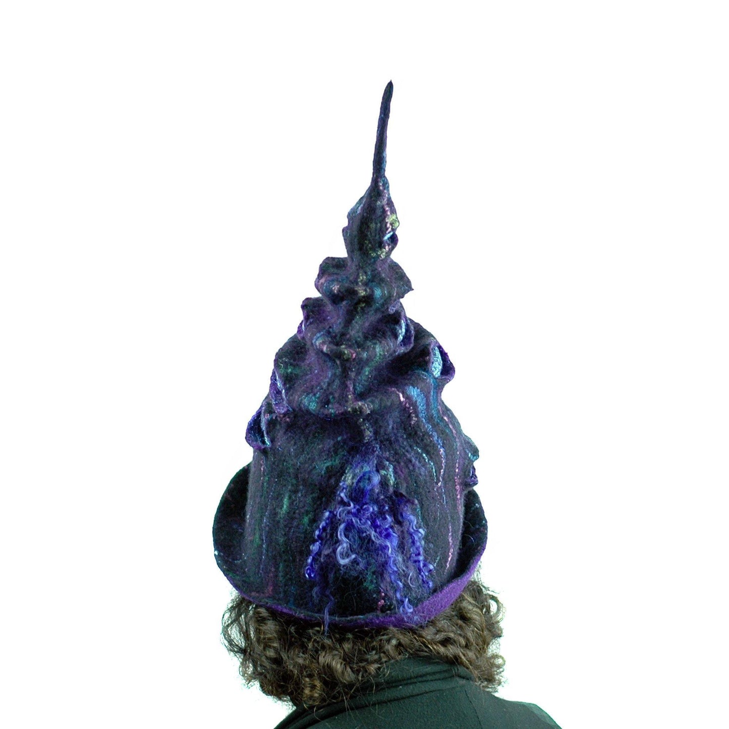 Dark Purple, Tall Felted Hat in the Shape of a Unicorn Horn - back view
