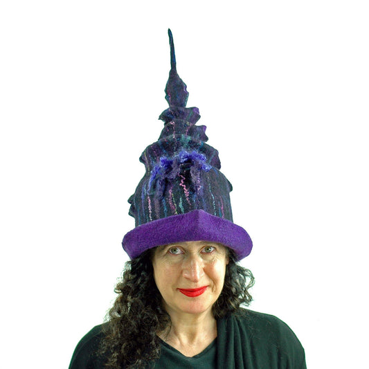 Dark Purple, Tall Felted Hat in the Shape of a Unicorn Horn - front view