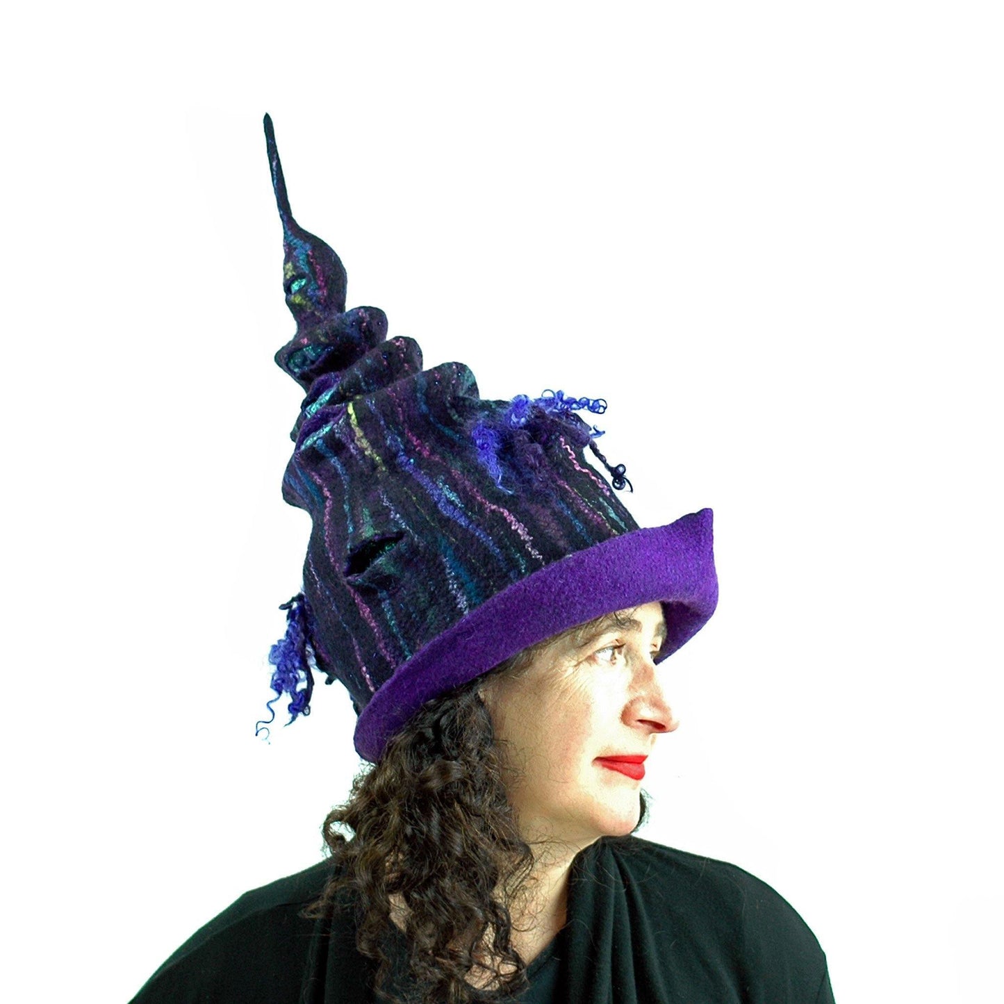 Dark Purple, Tall Felted Hat in the Shape of a Unicorn Horn -side view 1