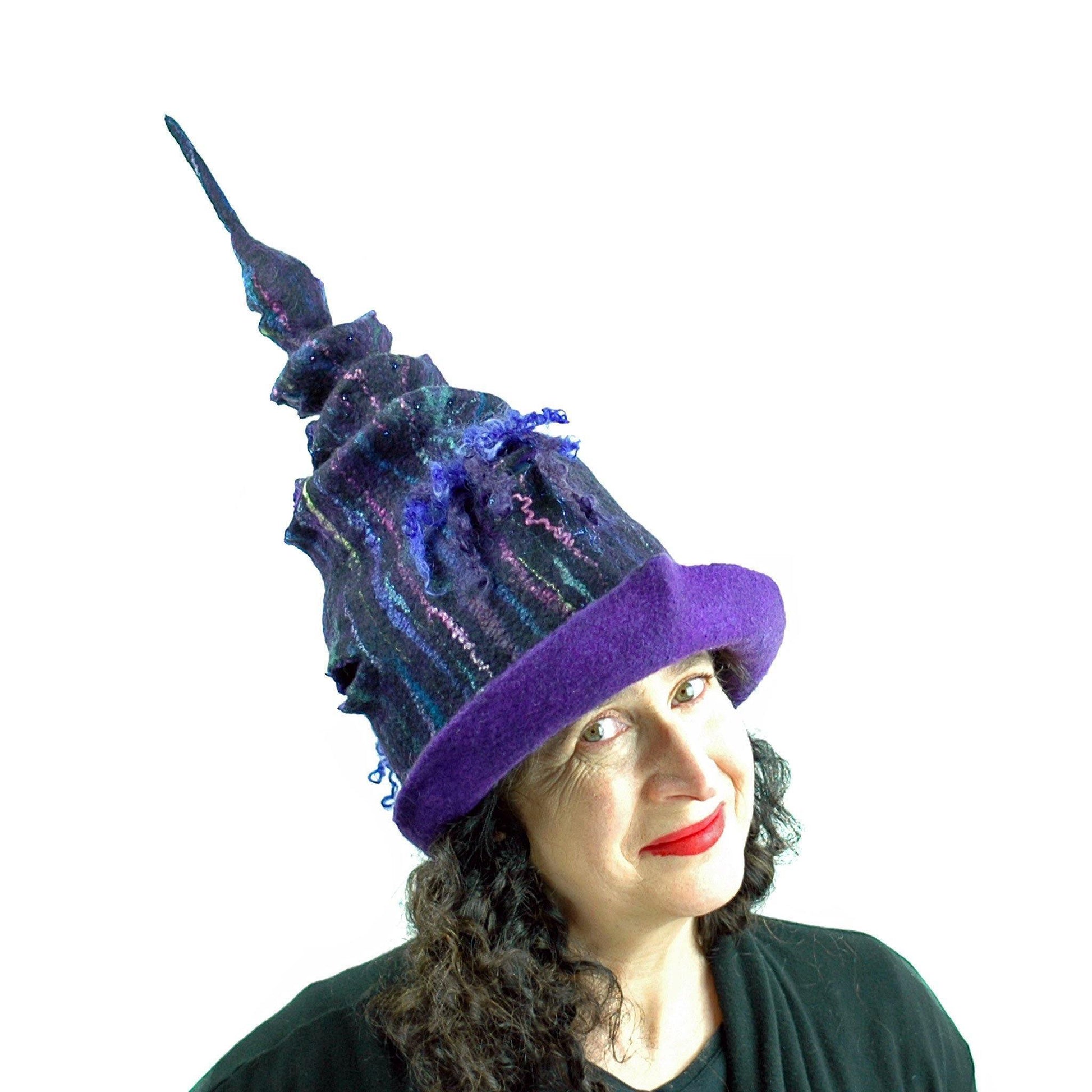 Dark Purple, Tall Felted Hat in the Shape of a Unicorn Horn - side view 2
