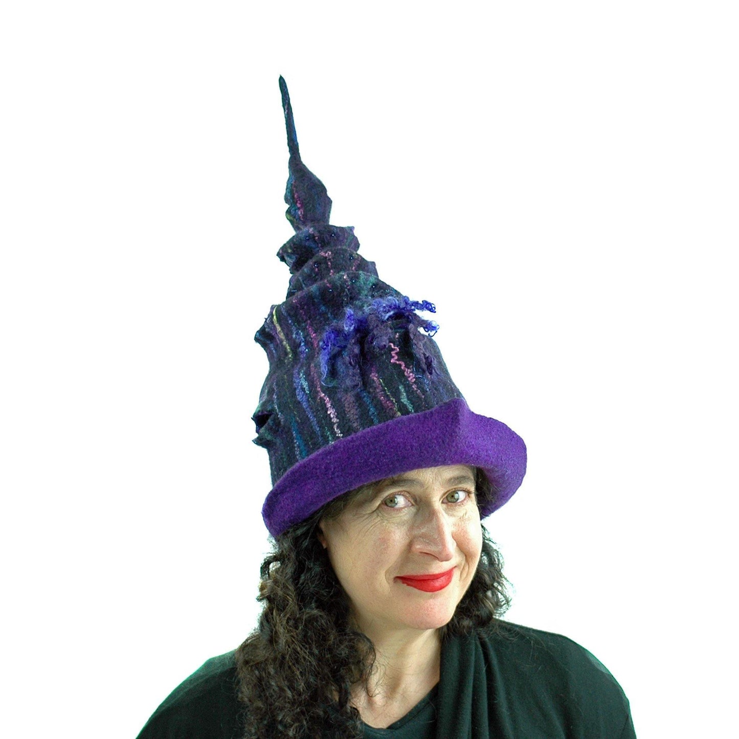 Dark Purple, Tall Felted Hat in the Shape of a Unicorn Horn - side view 3