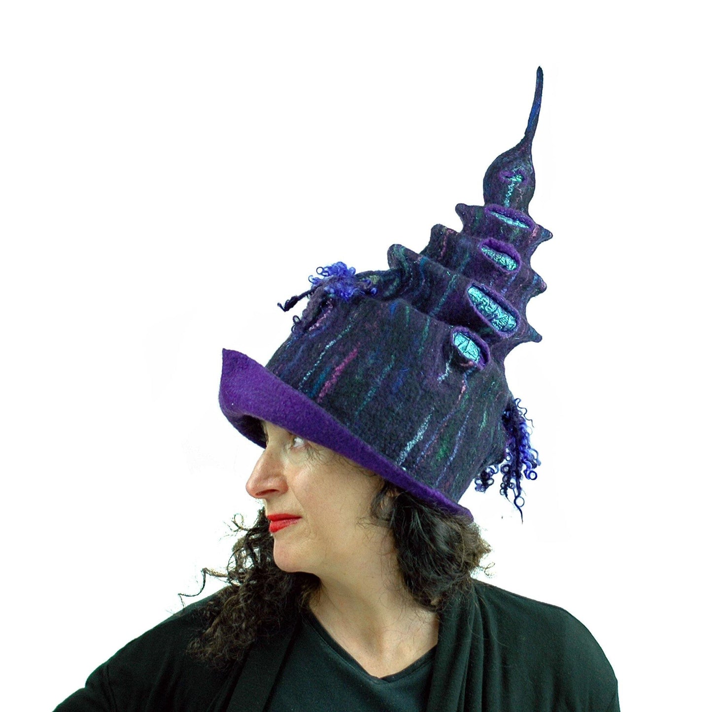 Dark Purple, Tall Felted Hat in the Shape of a Unicorn Horn - side view 4